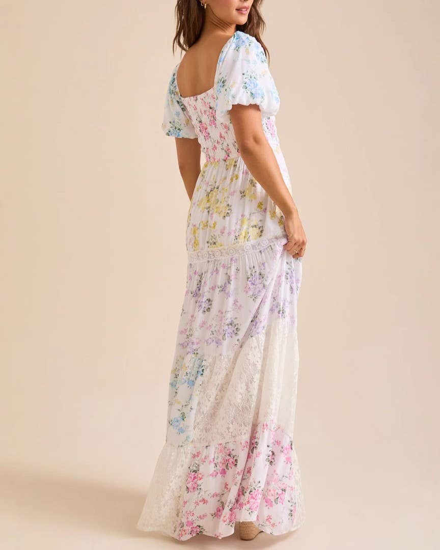 SWEET PUFF SLEVE FLORAL PRINT LACE SPLICING SWING DRESS