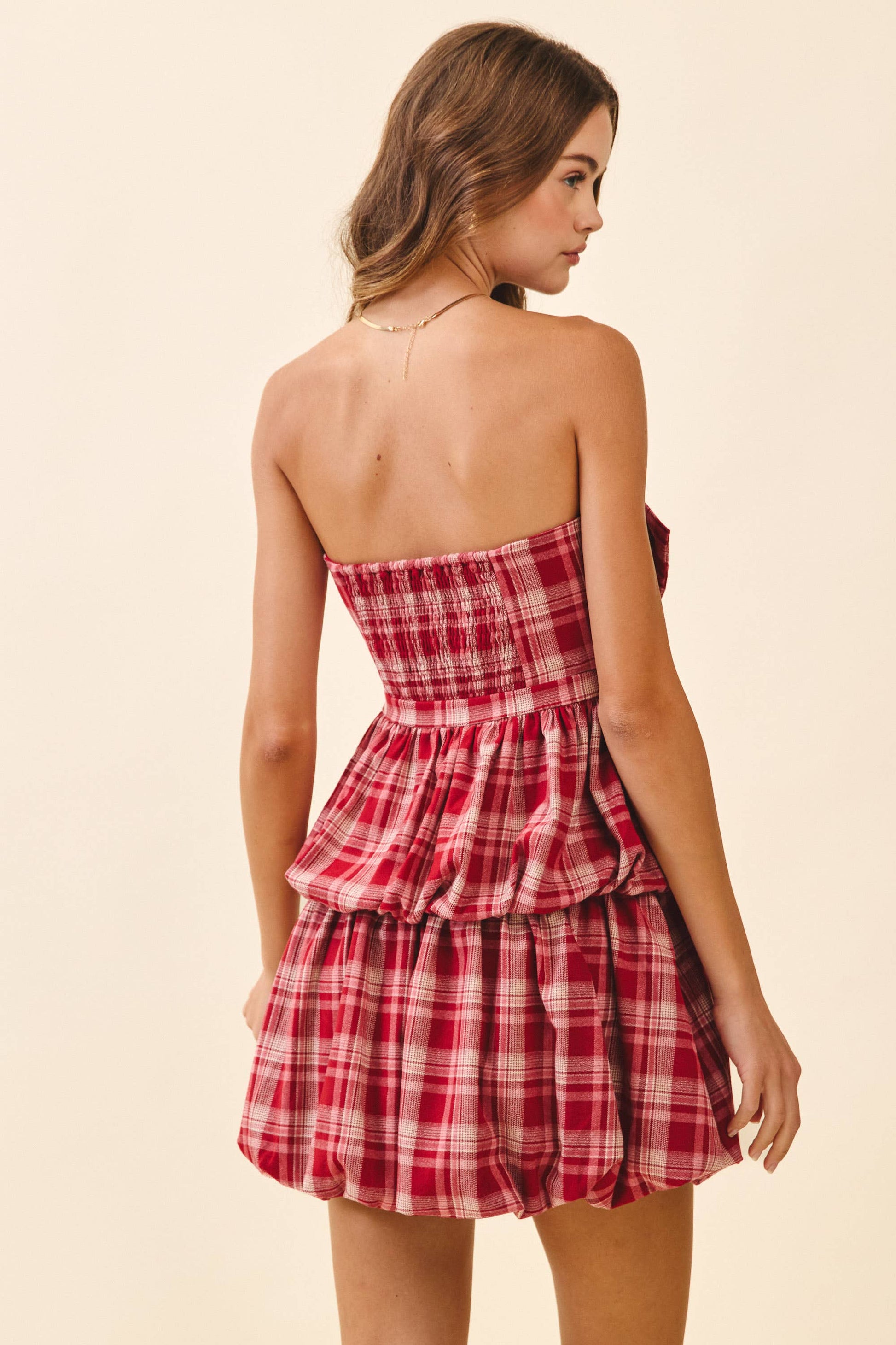 PLAID STATEMENT FRONT BOW DETAIL STRAPLESS DRESS