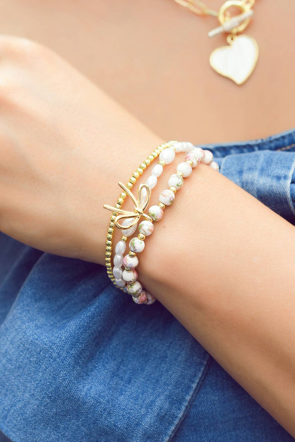 Bow Knot Charm Beaded Triple Layer Bracelet Set: Gold