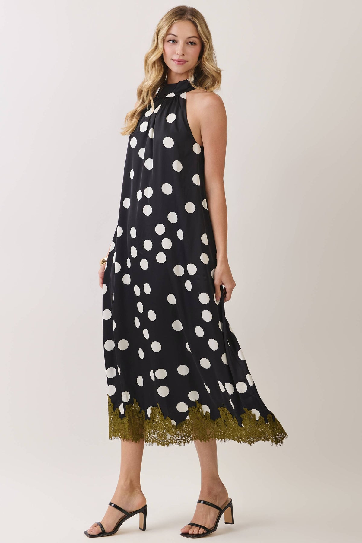 Polka Dot Lace Trim Halter Maxi Dress