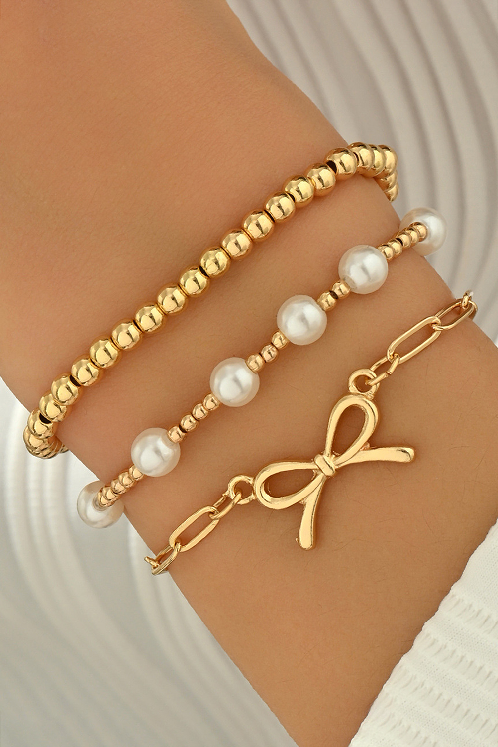 Bow Chain Link Pearl Beaded Multi Layer Bracelet: Gold