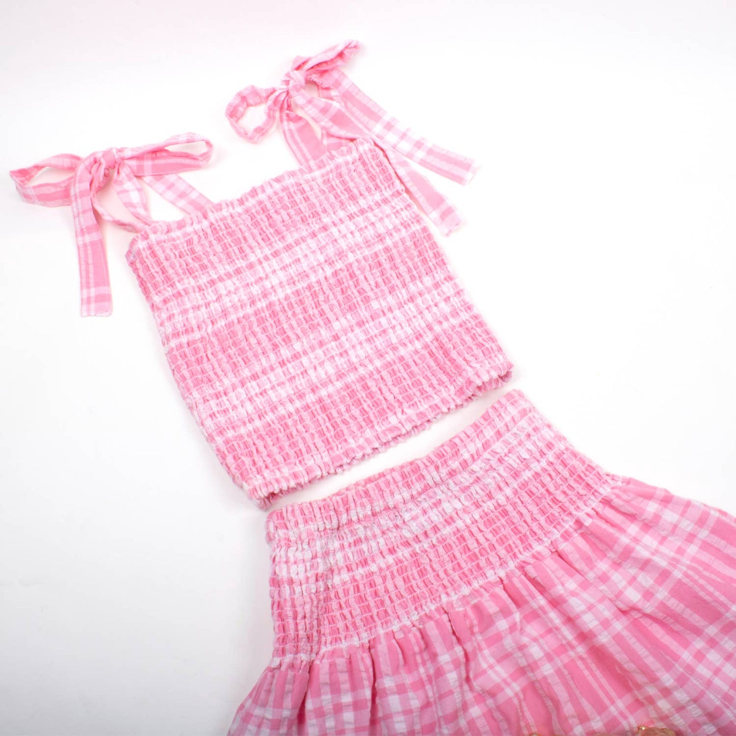 PUCKER PINK SMOCKED TIE TOP SKIRT SET