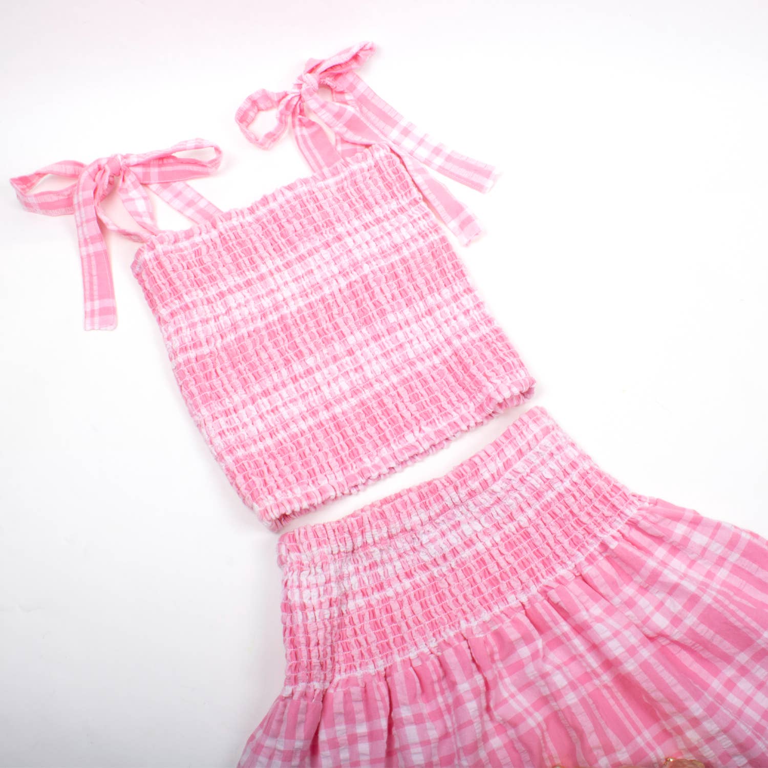 PUCKER PINK SMOCKED TIE TOP SKIRT SET