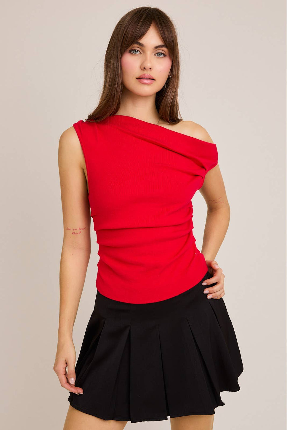Asymmetrical Neck Sweater Top: Red