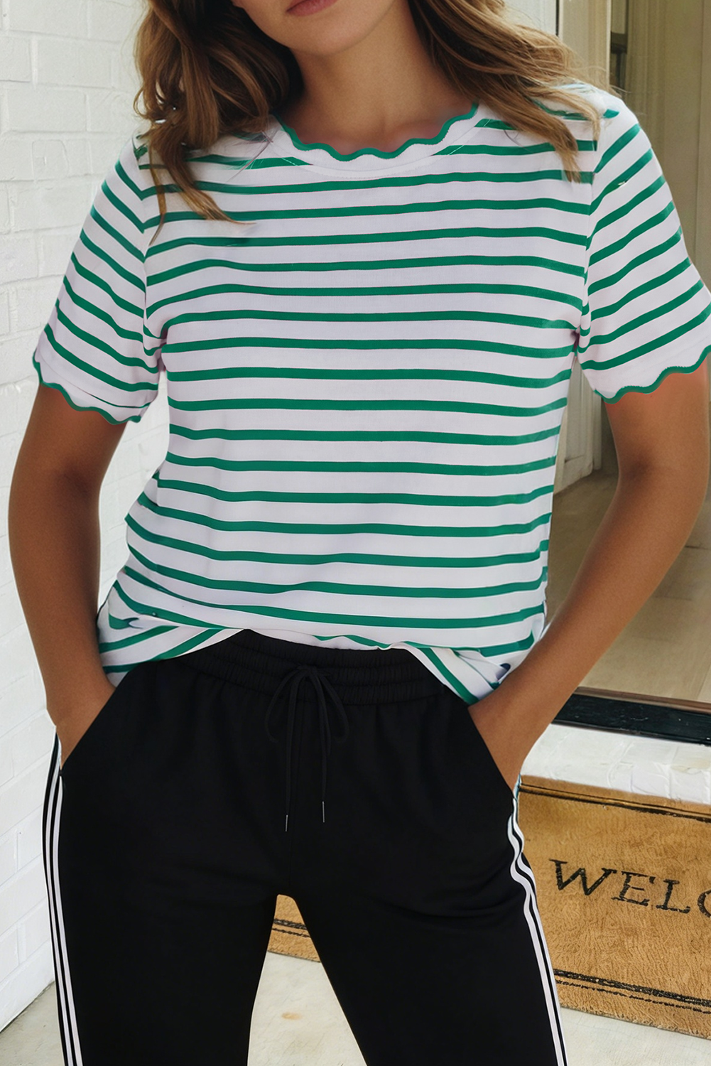LAS Stripe Scalloped Trim Round Neck T Shirt