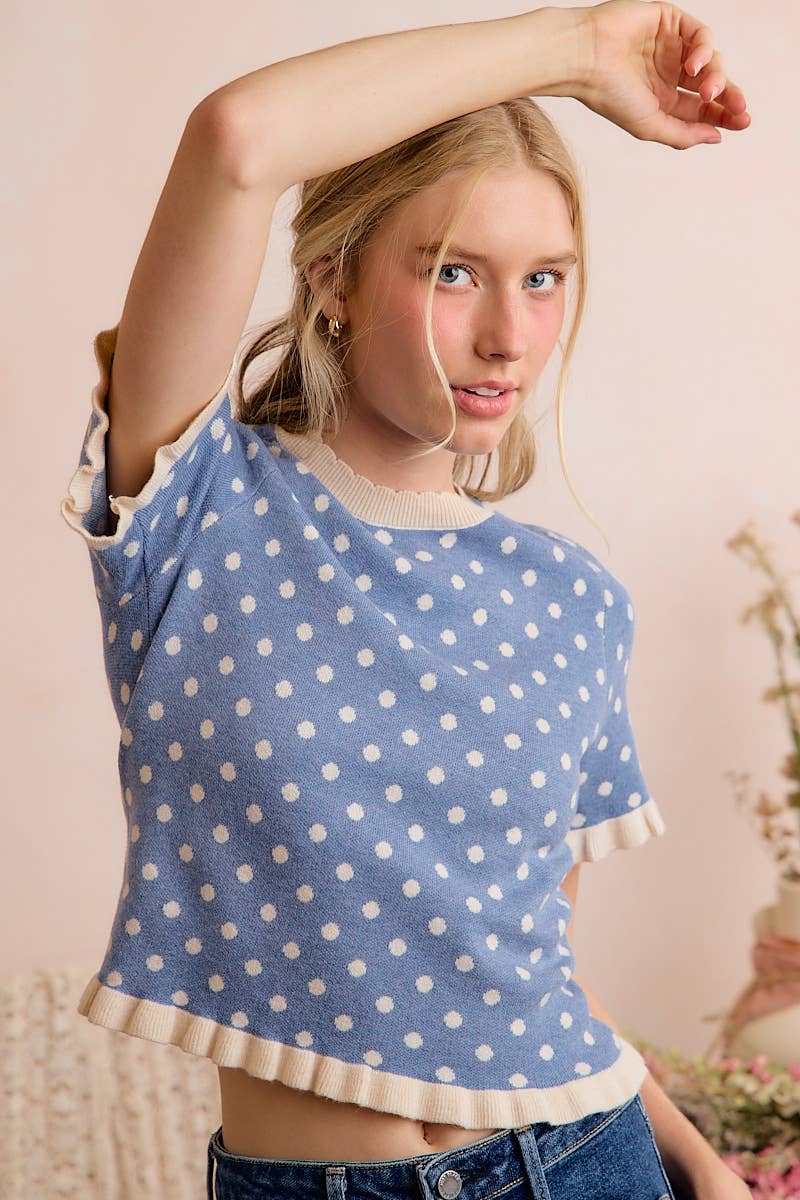 Polka Dot Ruffled Short Sleeves Sweater Knit Top
