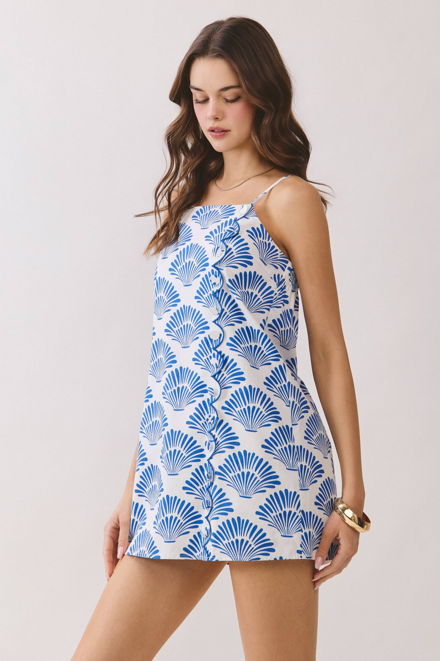 CD06816-Shell Print Front Scallop Trim Mini Dress