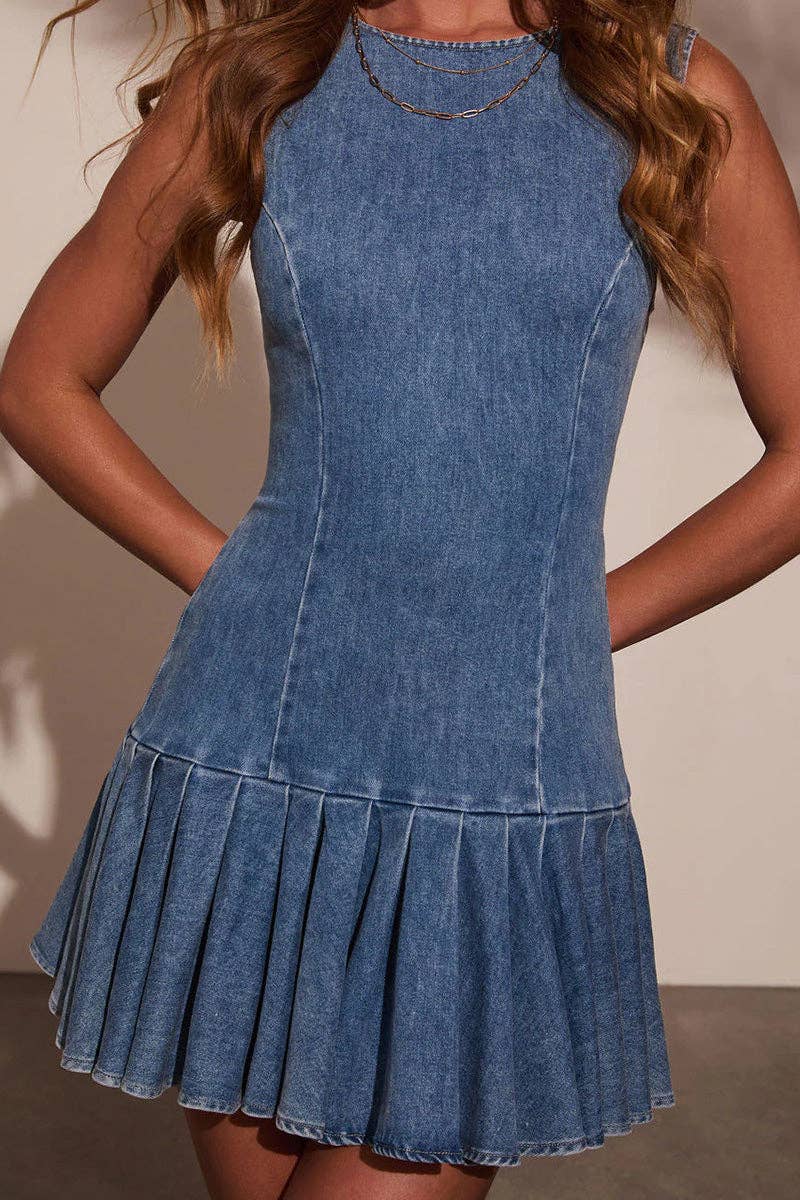 Sleeveless Denim Pleated Dress