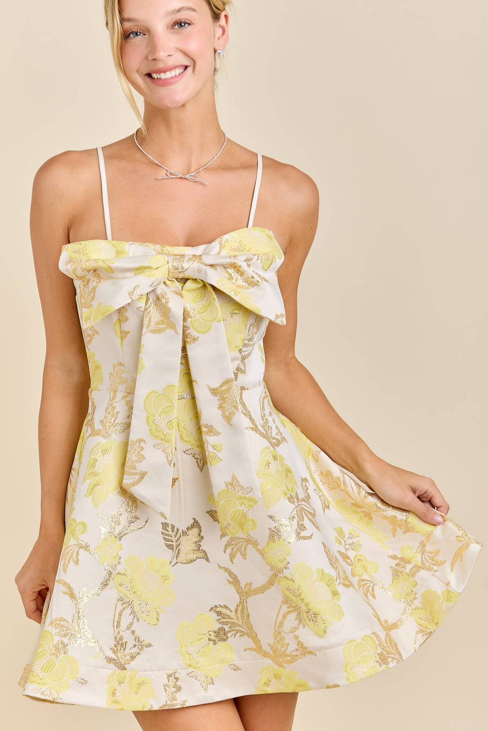 Glam Bow Floral Jacquard Mini Dress