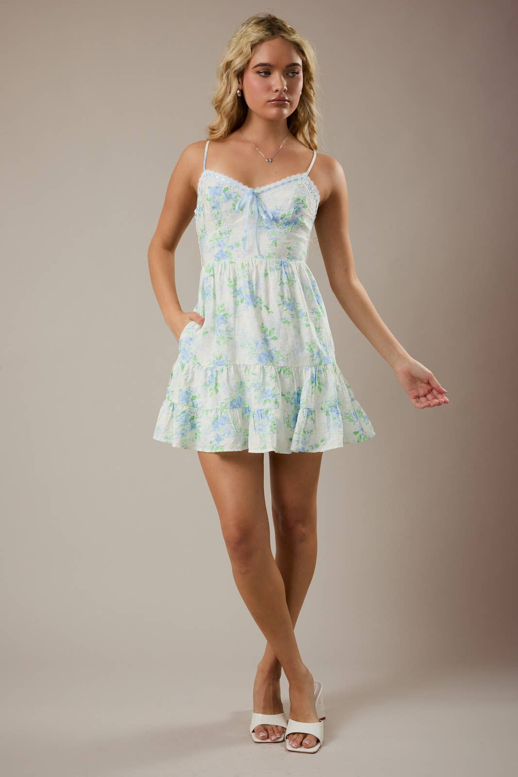 *Blue Floral Smocking Bodice Dress