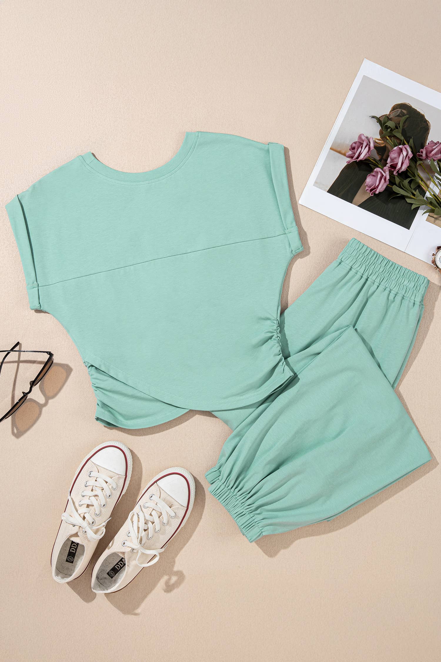 LAS Solid Color Cropped Tank Top and Jogger Pants Set