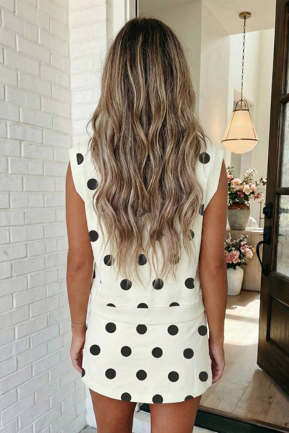 Ribbed Trim Polka Dot Tank Split Mini Skort Set