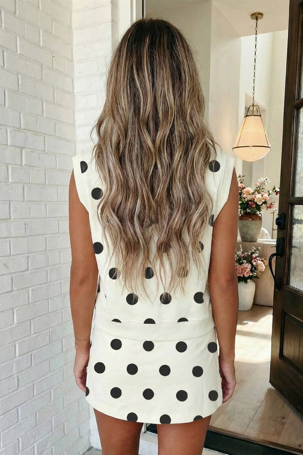 Ribbed Trim Polka Dot Tank Split Mini Skort Set