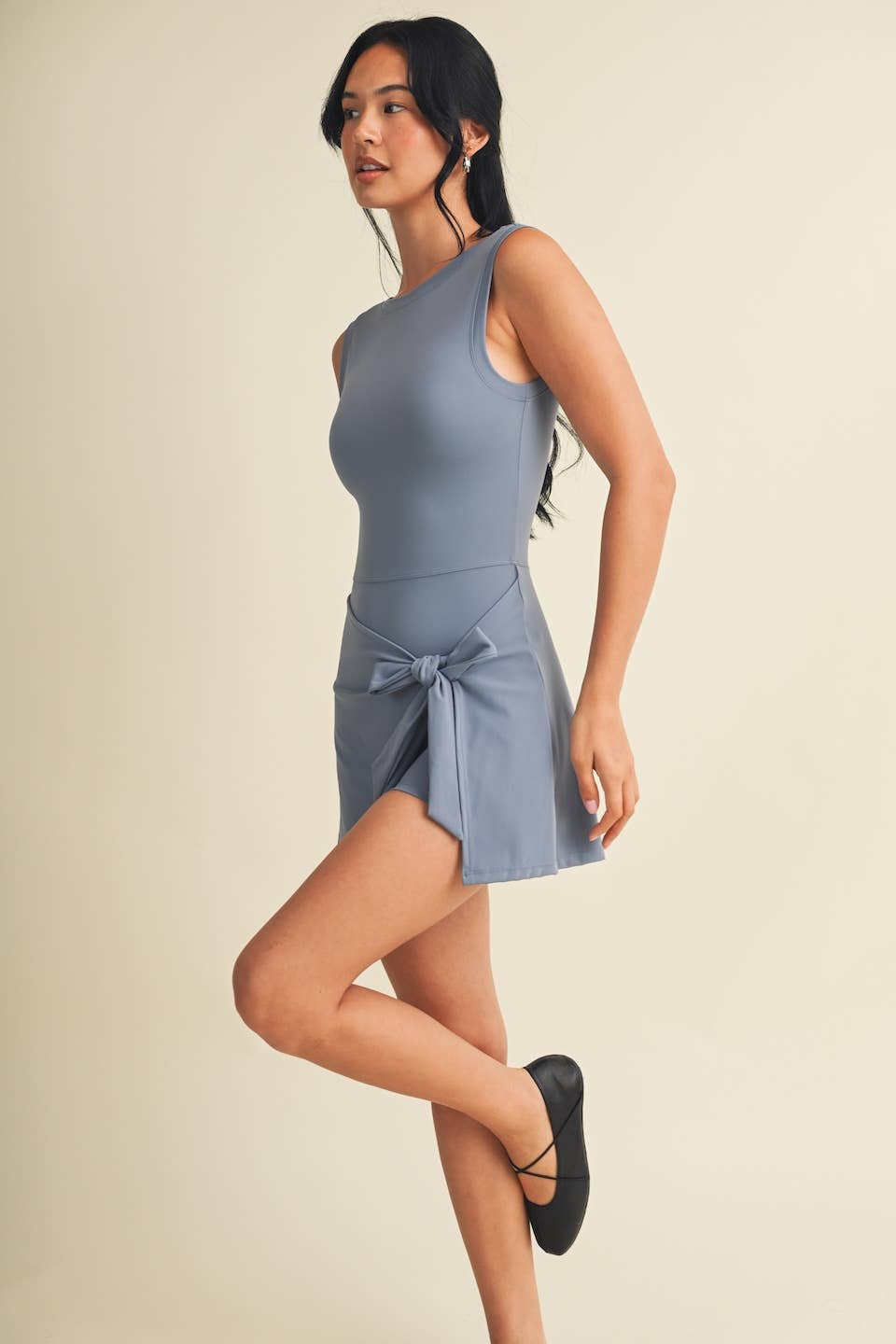 Sleeveless Wrap Tie Front Dress- Dusty Blue