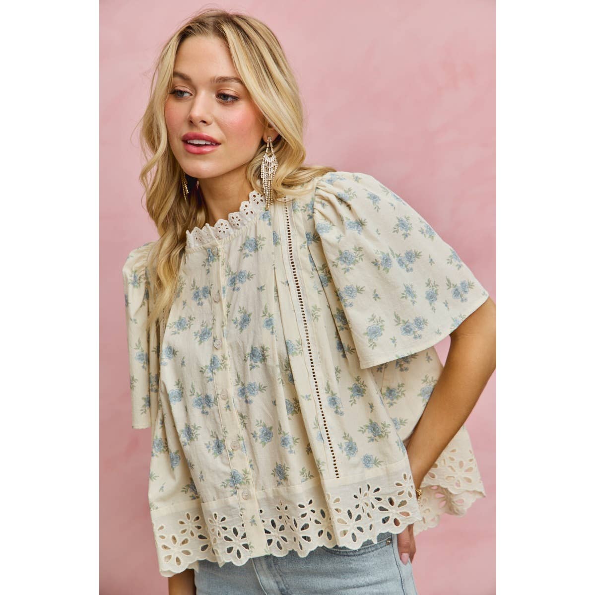 FLORAL PRINT LACE TRIM FLUTTER SLEEVES BLOUSE TOP
