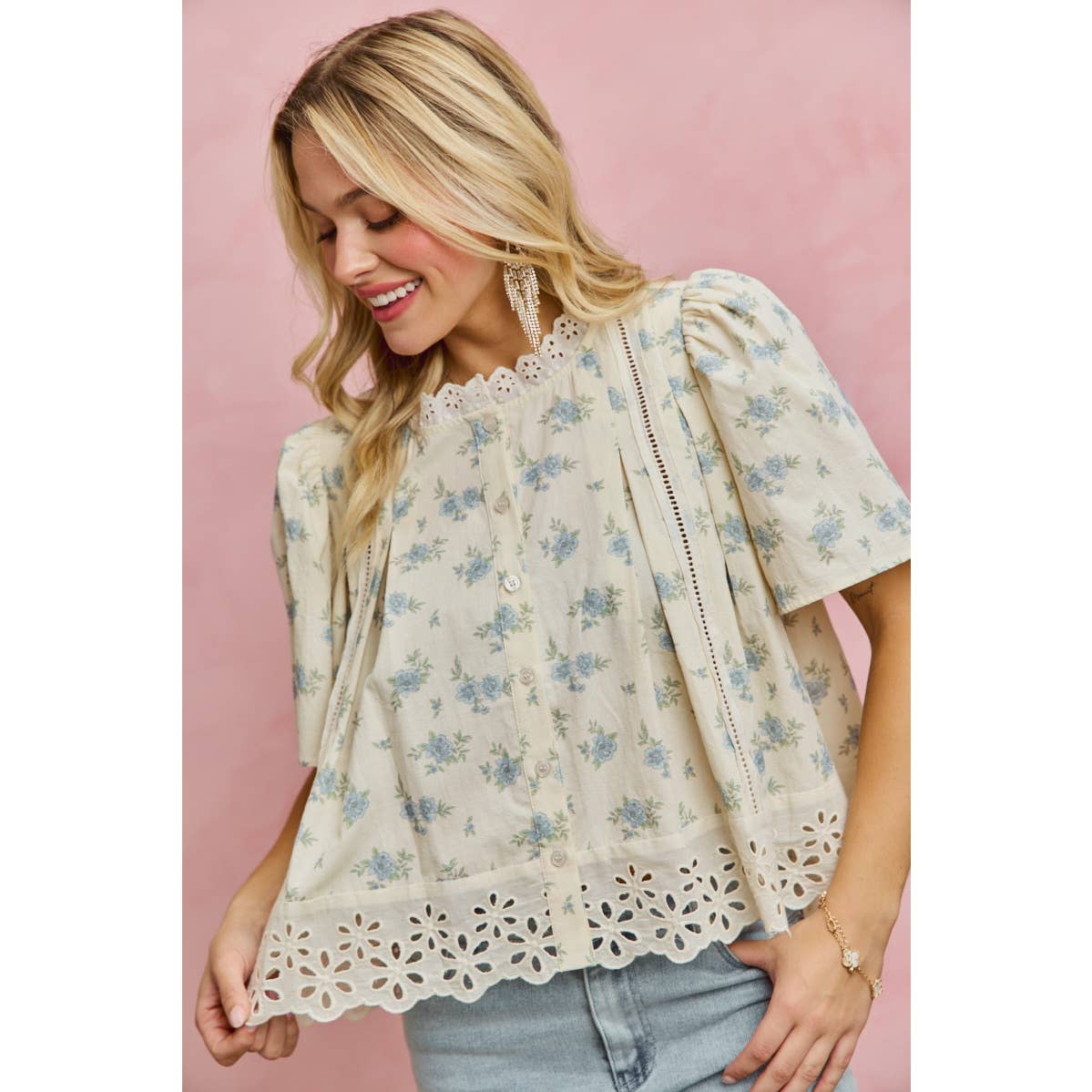 FLORAL PRINT LACE TRIM FLUTTER SLEEVES BLOUSE TOP
