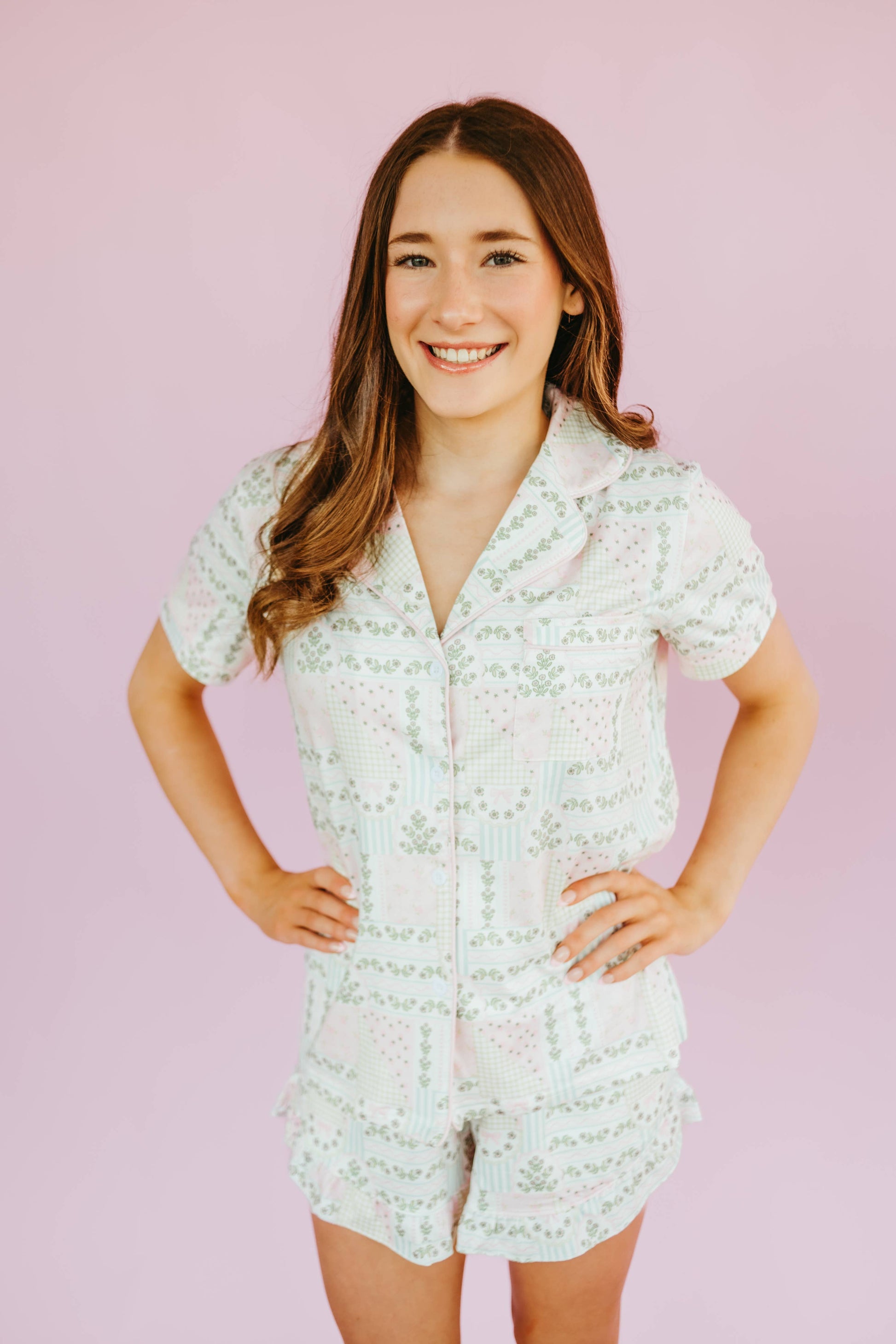Patchwork Ruffle Hem Shorts Pajama Set