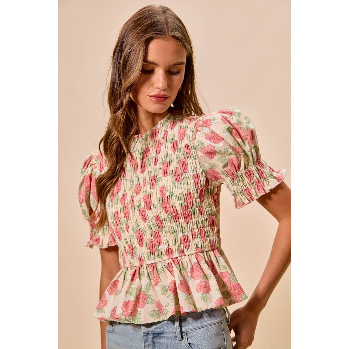 Floral Rose Print Smocked Short Sleeves Blouse Top: ROSE PINK