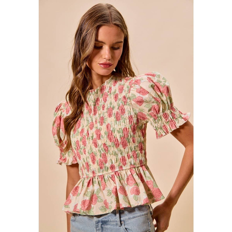 Floral Rose Print Smocked Short Sleeves Blouse Top: ROSE PINK