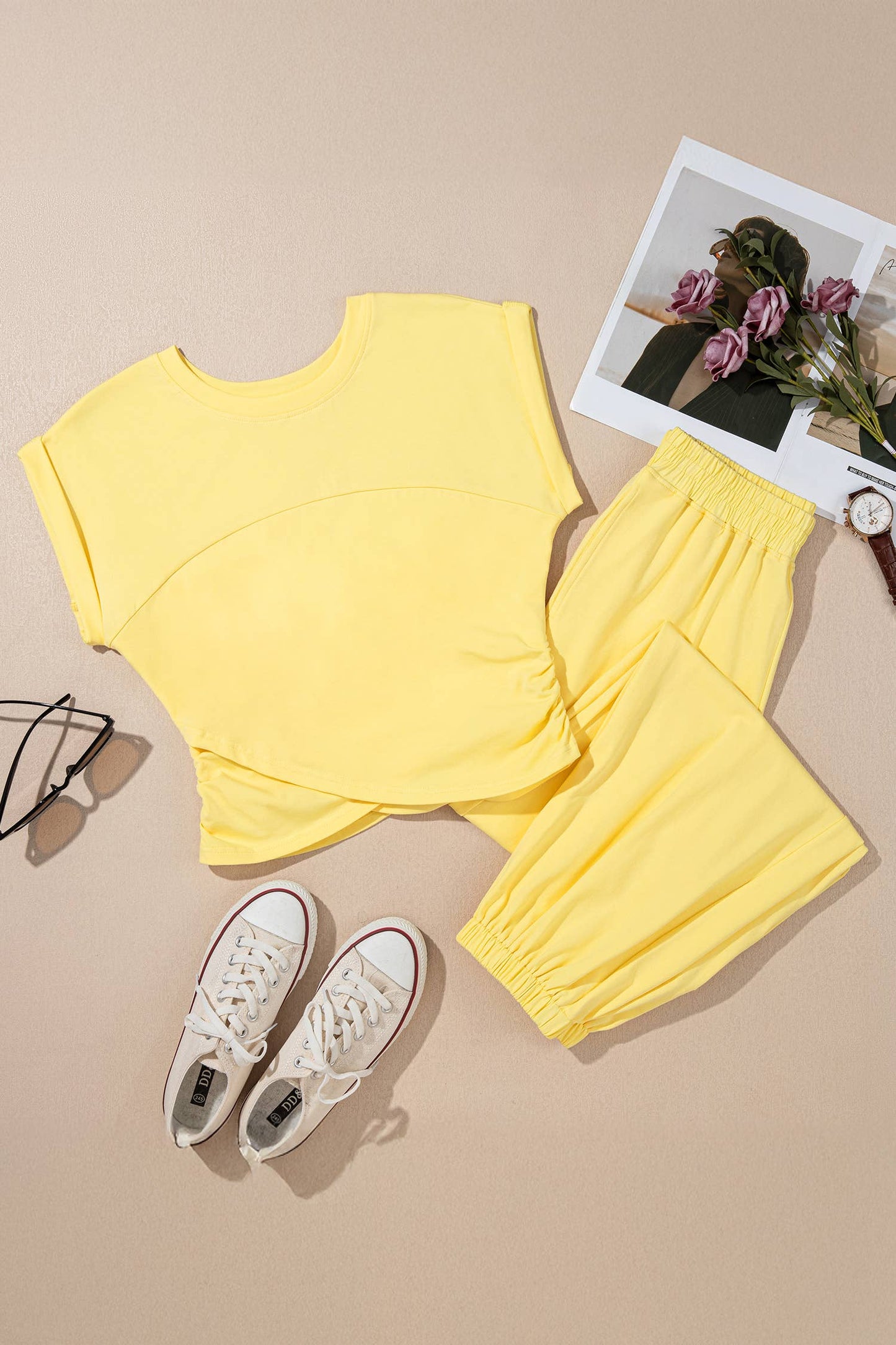 LAS Solid Color Cropped Tank Top and Jogger Pants Set