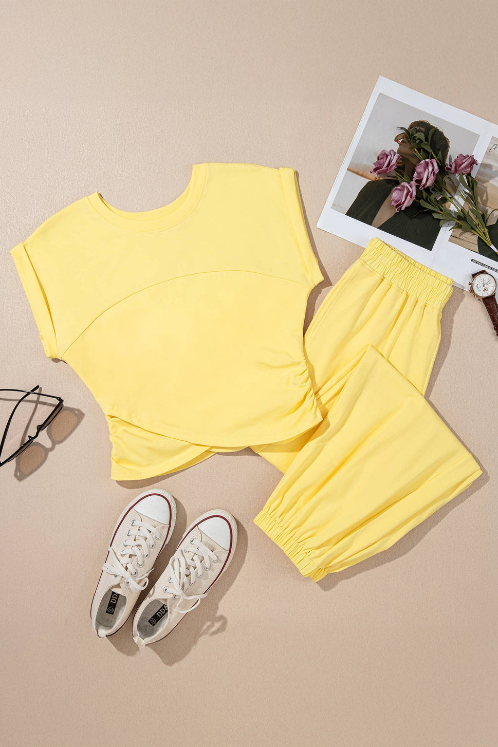 LAS Solid Color Cropped Tank Top and Jogger Pants Set