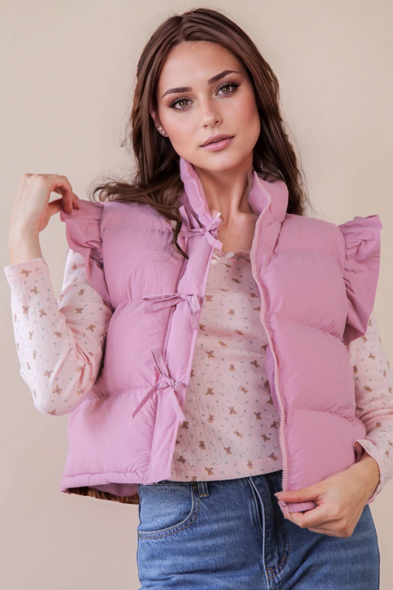 FRONT ROW RUFFLE SLEEVE PUFFER VEST