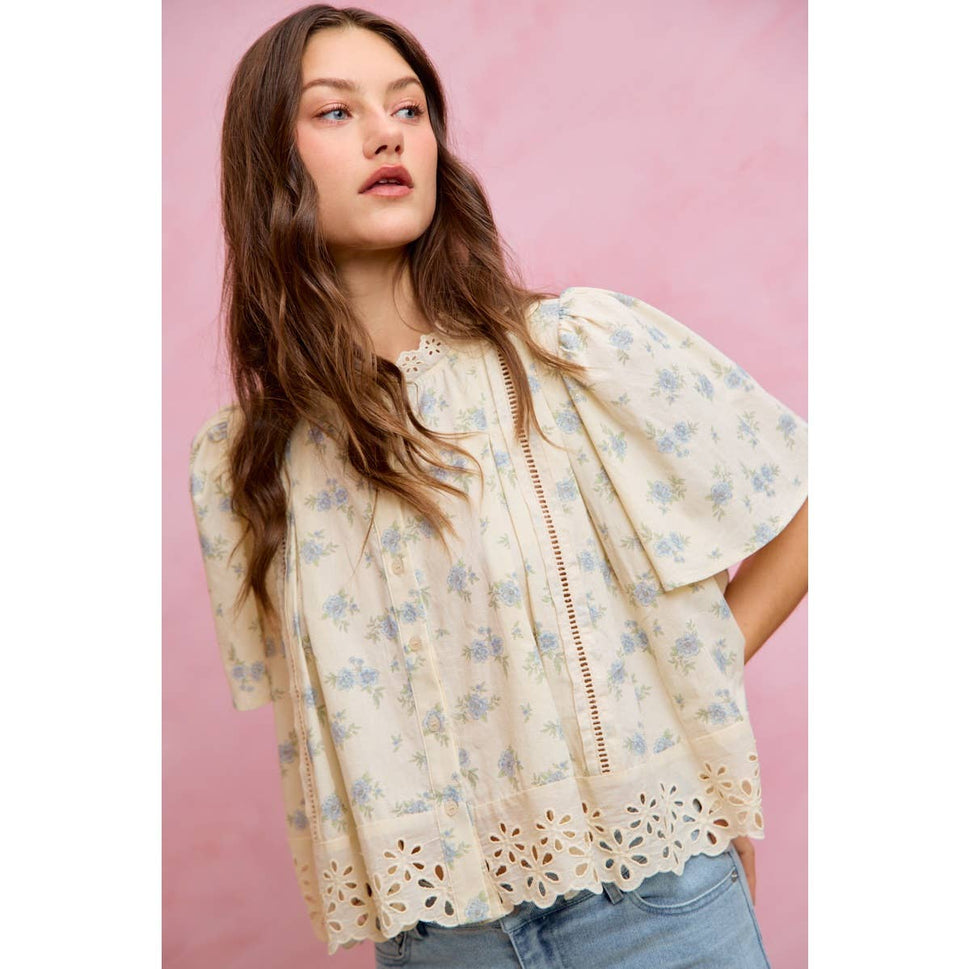 FLORAL PRINT LACE TRIM FLUTTER SLEEVES BLOUSE TOP