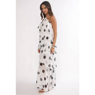 HALTER POLKA DOT TIERED MAXI DRESS: WHITE