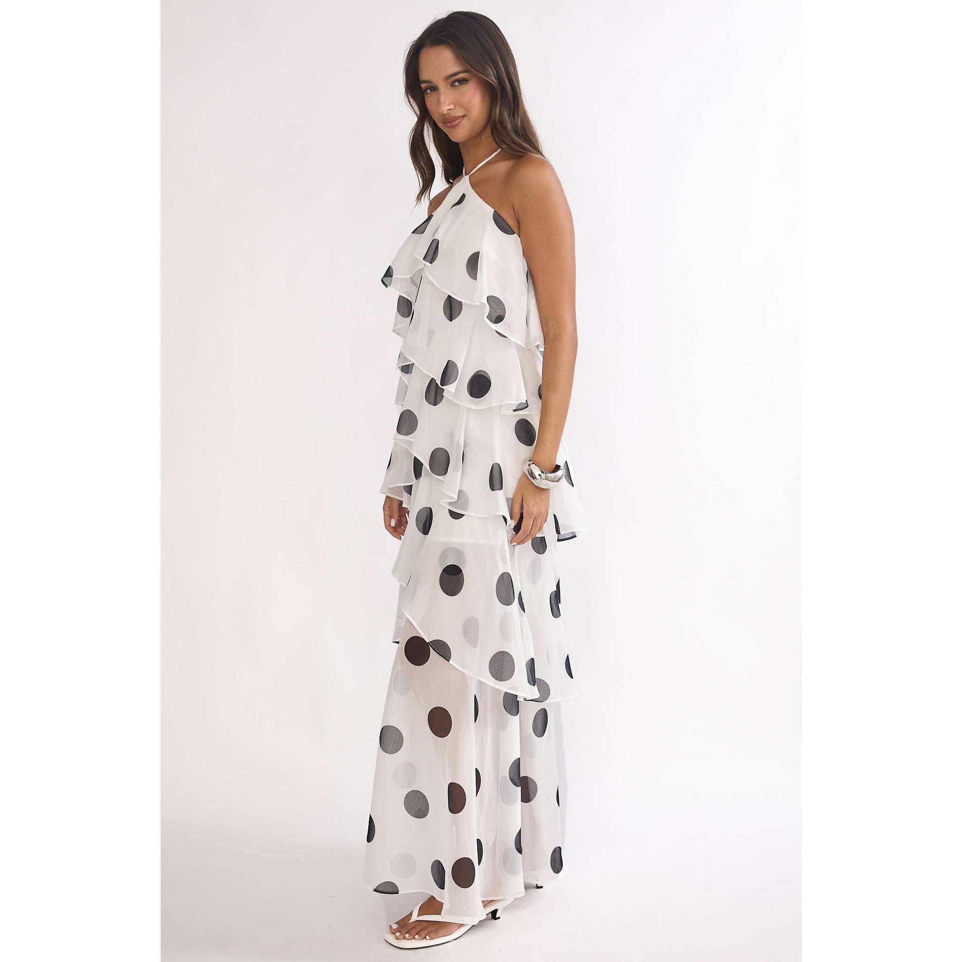 HALTER POLKA DOT TIERED MAXI DRESS: WHITE