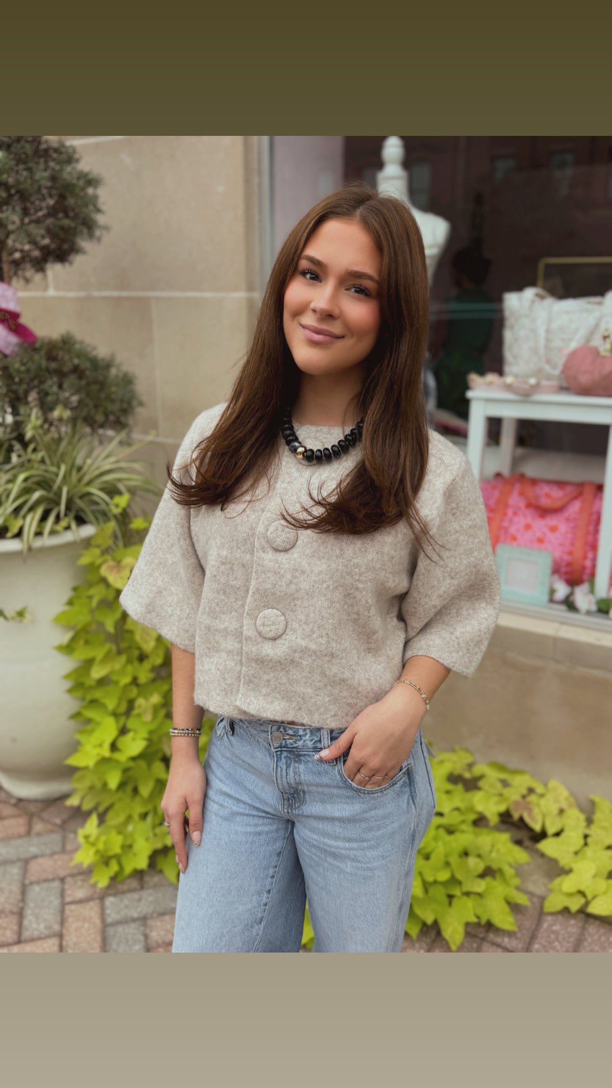 Brushed Knit Oversized Button Short-Sleeve Cardigan