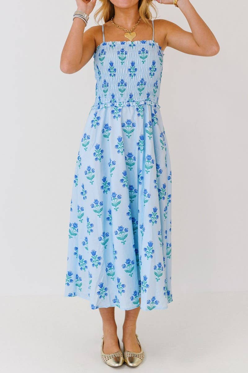 BOHEMIA MAGNOLIA FLORAL SPAGHETTI STRAPS FLARE DRESS