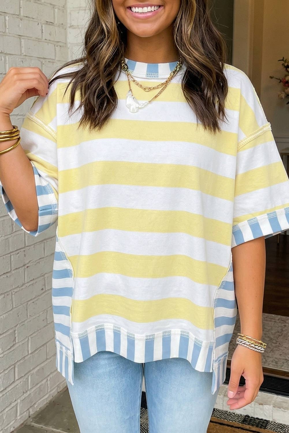 LAS Stripe Exposed Seam Patchwork Top