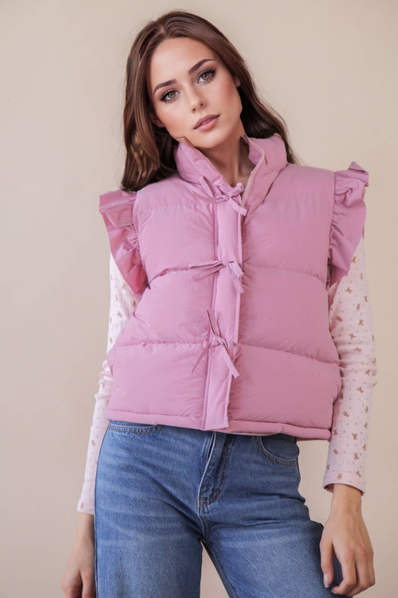 FRONT ROW RUFFLE SLEEVE PUFFER VEST