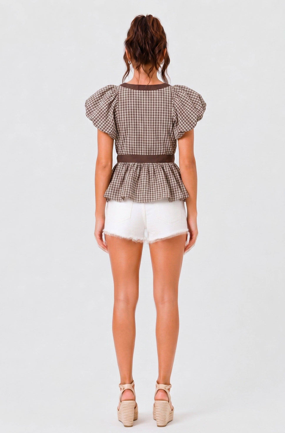Deep V Neck Bubble Hem Gingham Blouse Green