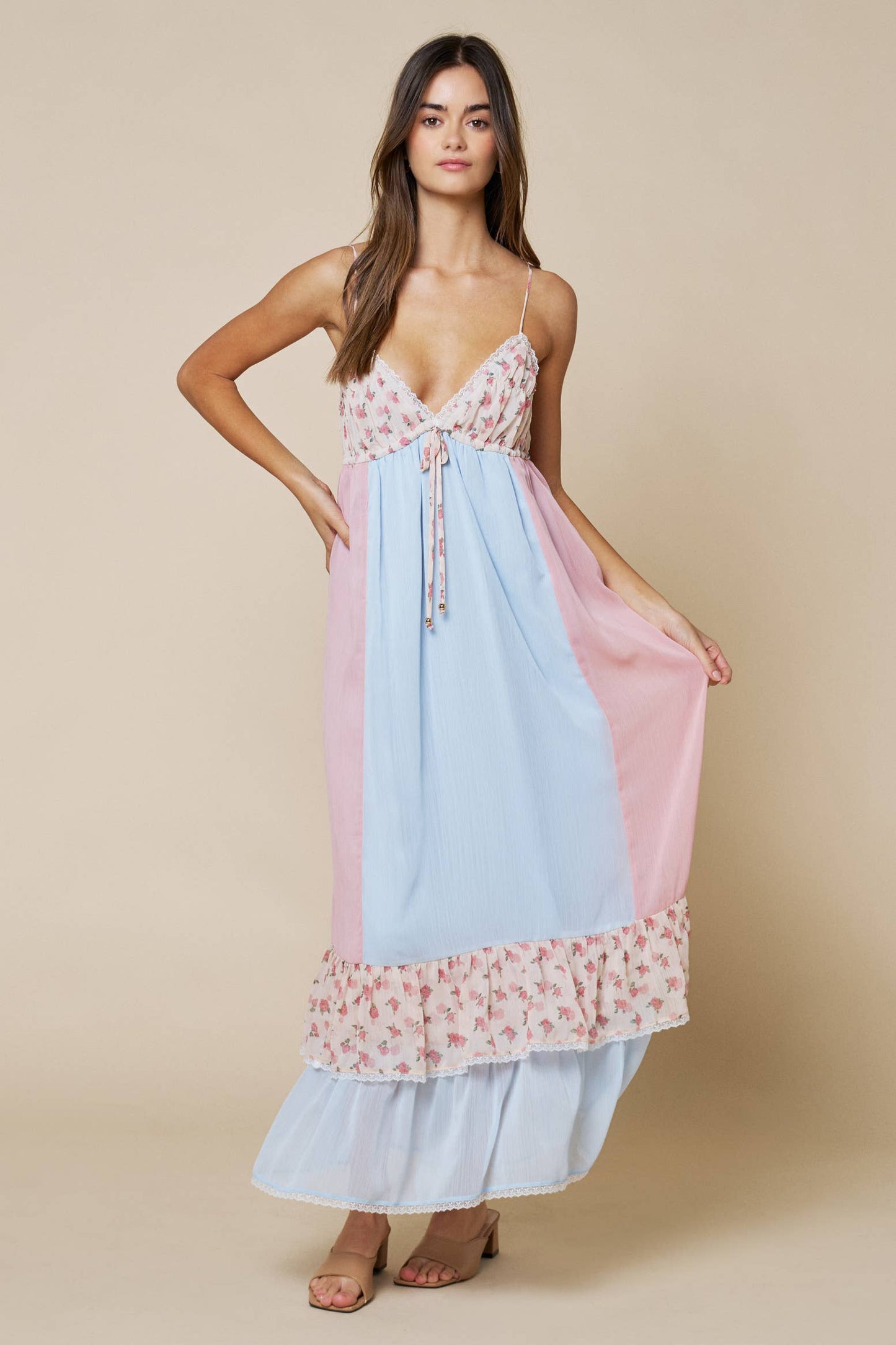 Floral Print Color Block Ruffled Sleeveless Maxi Dress