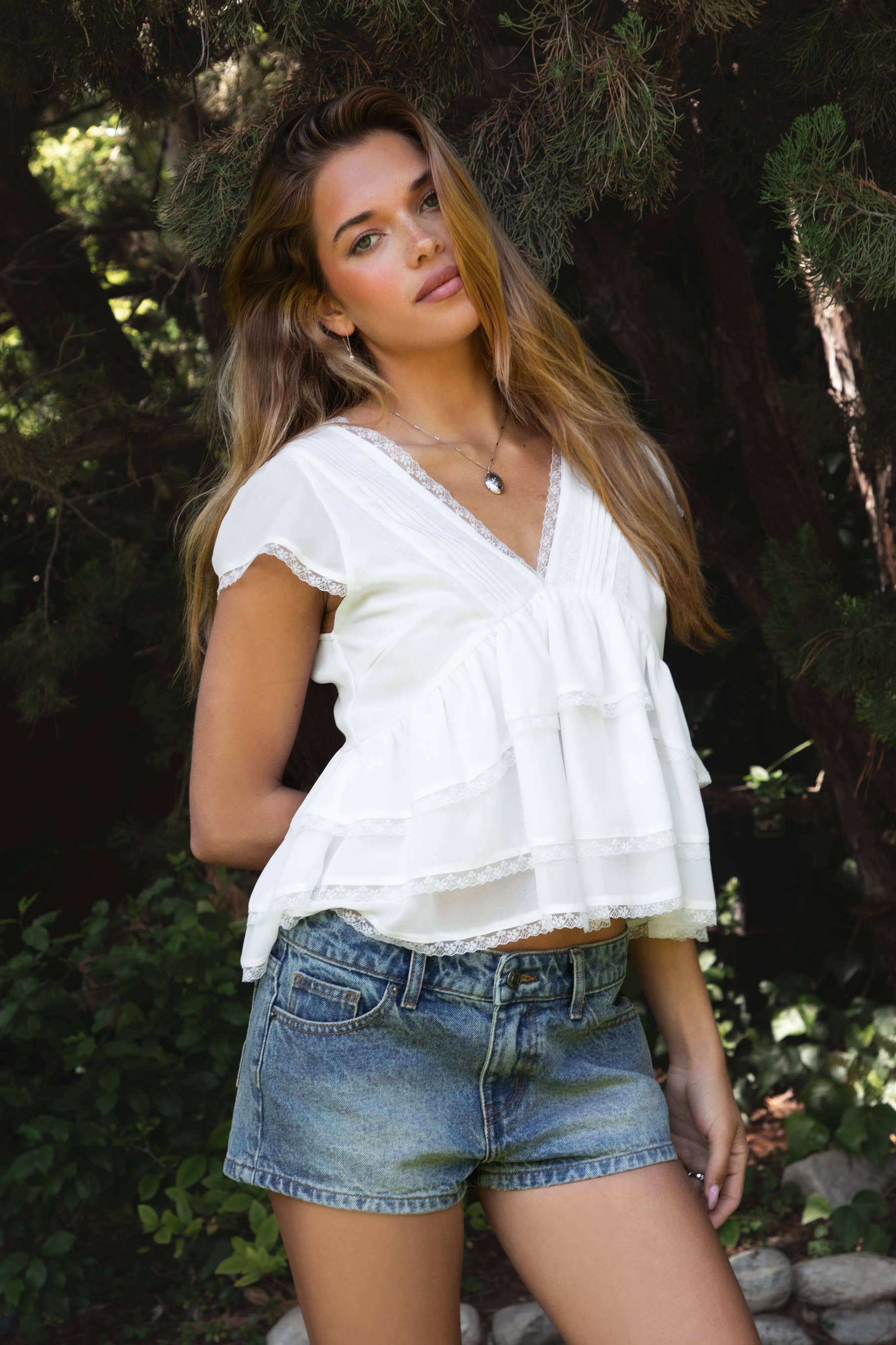 V Neck Tiered Ruffle Short Sleeve Blouse Top