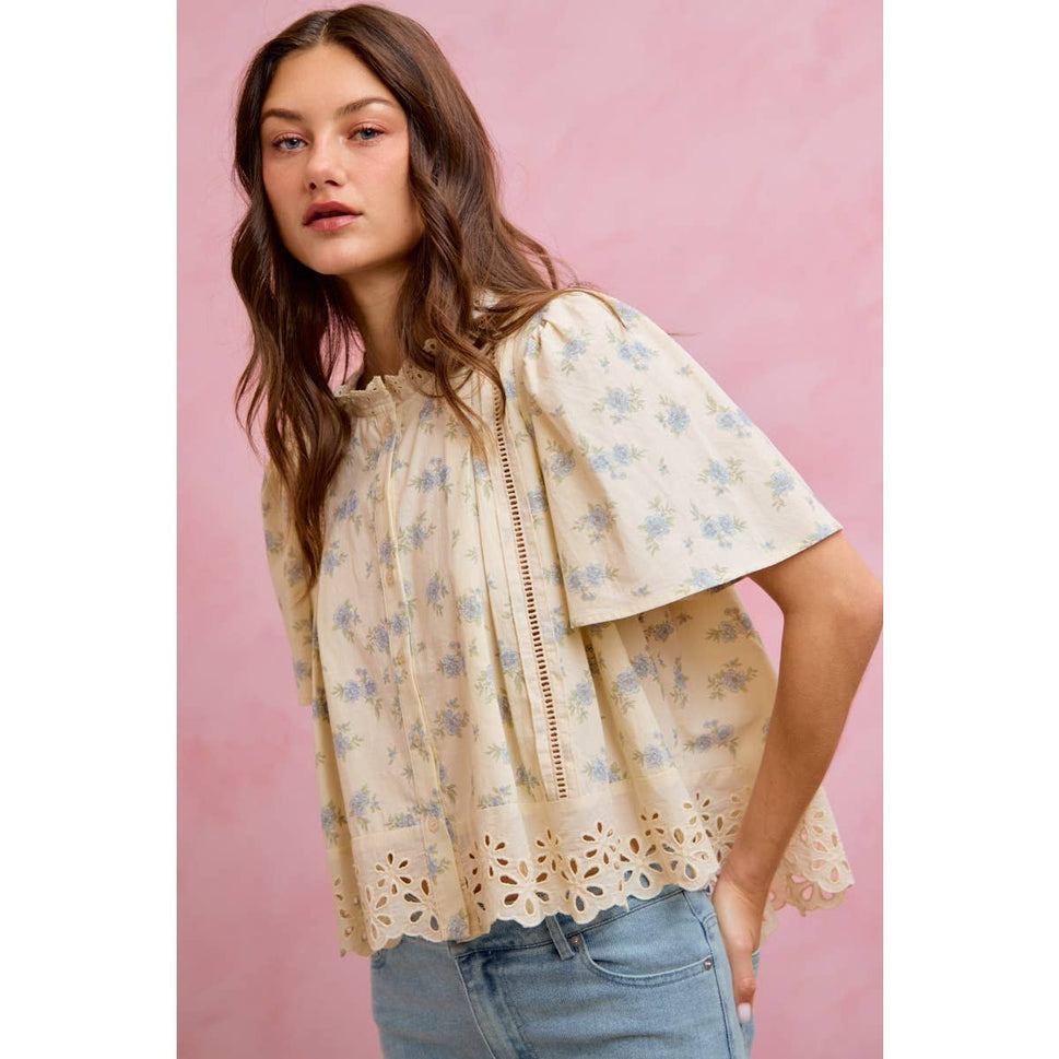 FLORAL PRINT LACE TRIM FLUTTER SLEEVES BLOUSE TOP