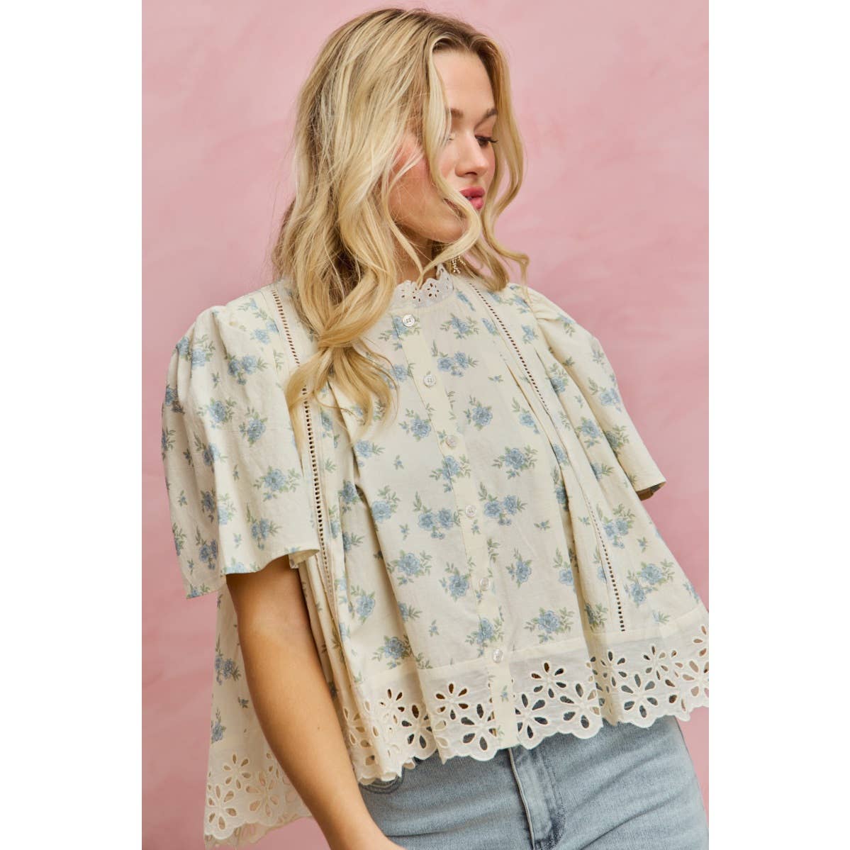 FLORAL PRINT LACE TRIM FLUTTER SLEEVES BLOUSE TOP