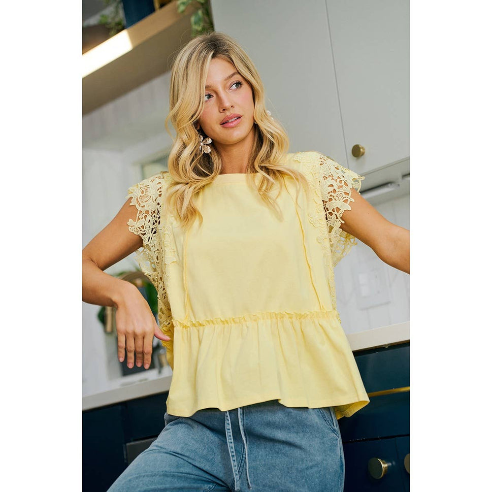 SOLID JERSEY TIERED TOP WITH LACE SLEEVE