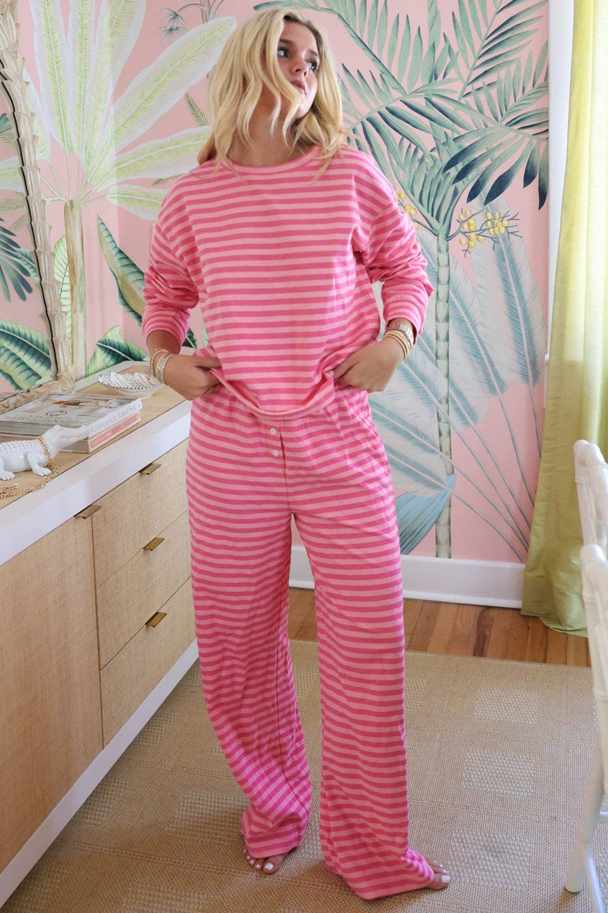 Drop Shoulder Round Neck Top and Buttoned Straight Pants Two Piece Set