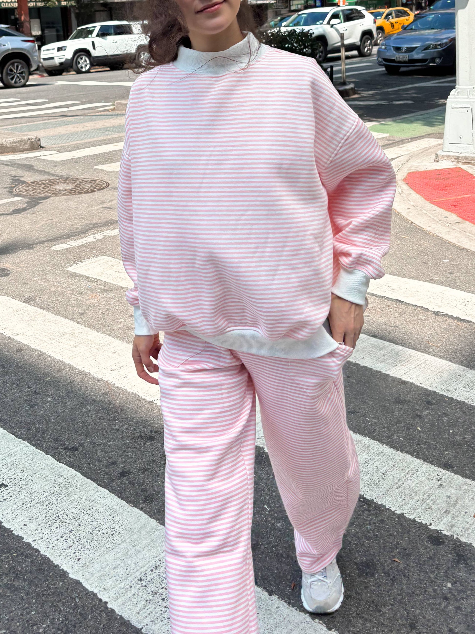 LIGHT PINK AND BIG STRIPED MOCKNECK SWEATSHIRT