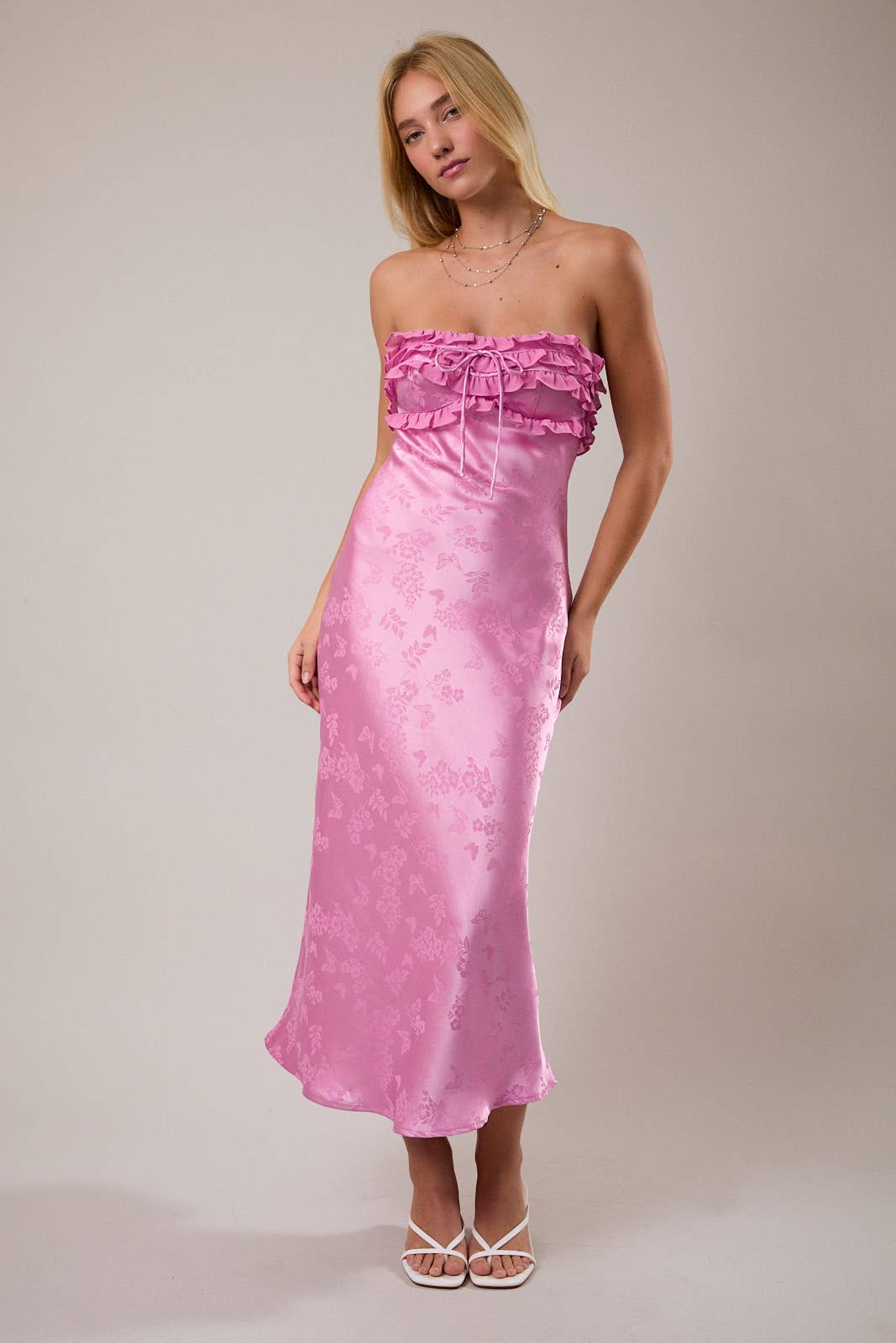 *Strapless Ruffle Detail Bias Midi Dress