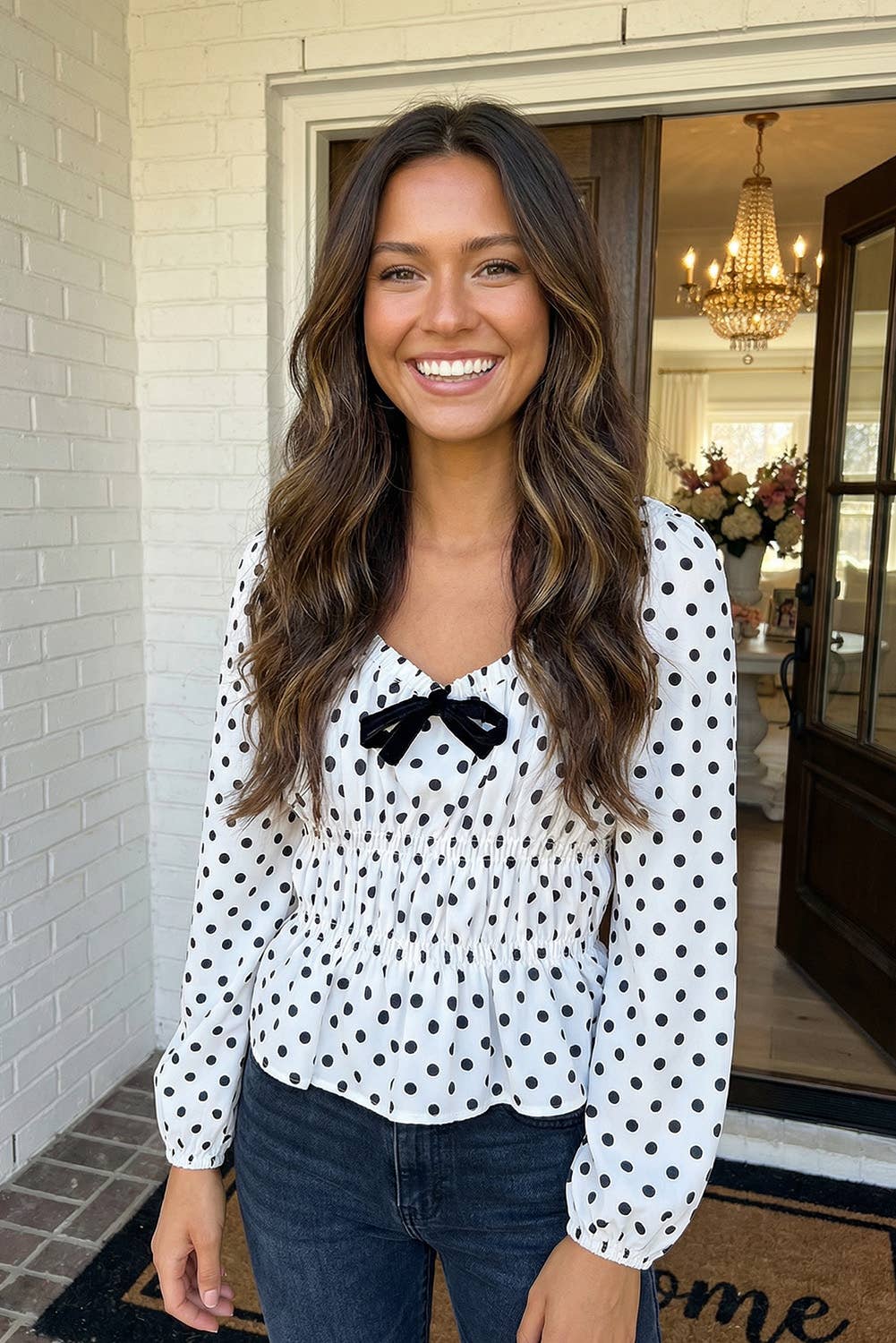 Polka Dot Puff Sleeve Bow Square Neck Peplum Top