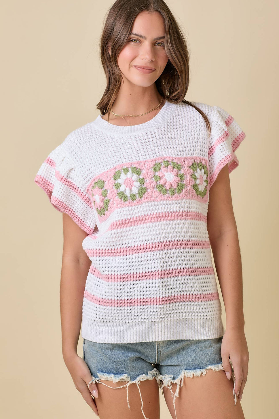 Crochet Flower Stripe Short Sleeve Knit Top Ready to Ship