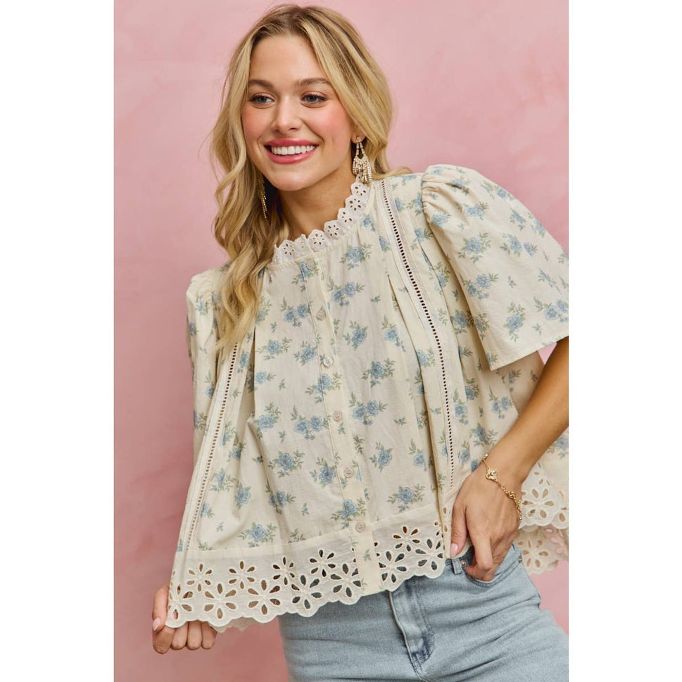 FLORAL PRINT LACE TRIM FLUTTER SLEEVES BLOUSE TOP