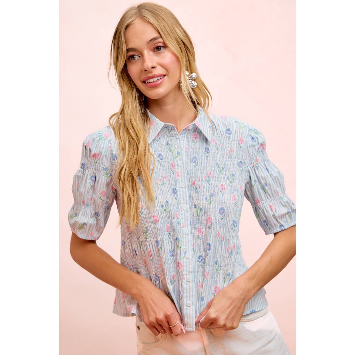 STRIPES AND FLORAL SHORT SLEEVE SHIRRED BLOUSE TOP