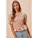Switch Floral Rose Print Smocked Short Sleeves Blouse Top: ROSE PINK 3 image