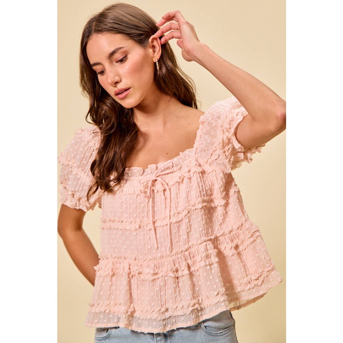 TEXTURED CLIP DOT RUFFLE SHORT SLEEVES BLOUSE TOP