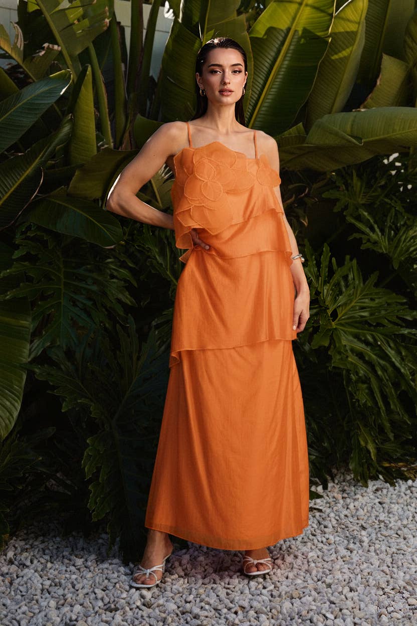 floral applique tiered maxi dress
