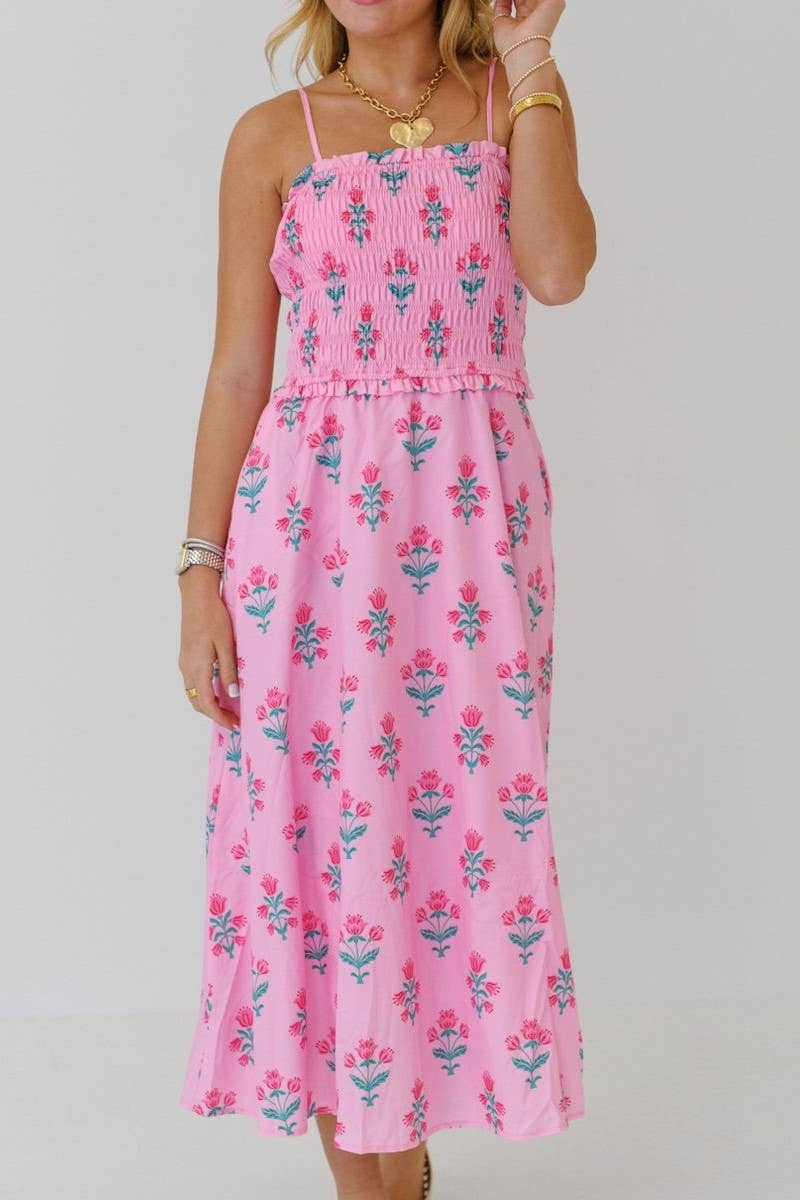 BOHEMIA MAGNOLIA FLORAL SPAGHETTI STRAPS FLARE DRESS